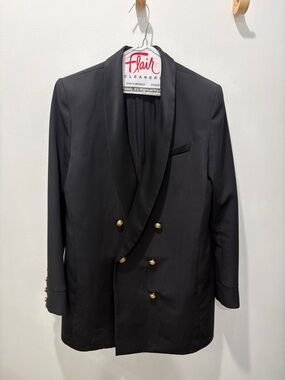 Balmain Black Double-Breasted Tuxedo Blazer with Gold Buttons